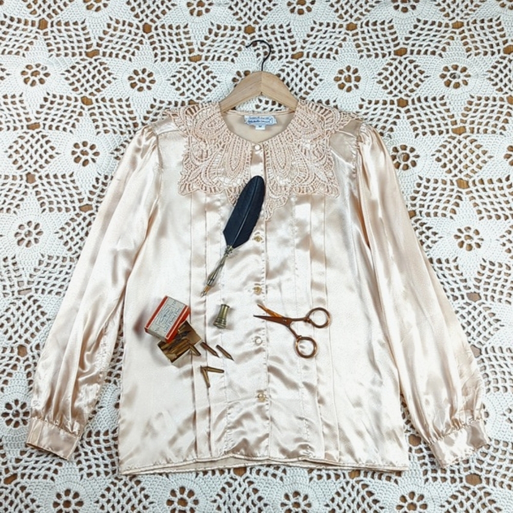 Vintage Silky Blouse With Elaborate Lace Collar